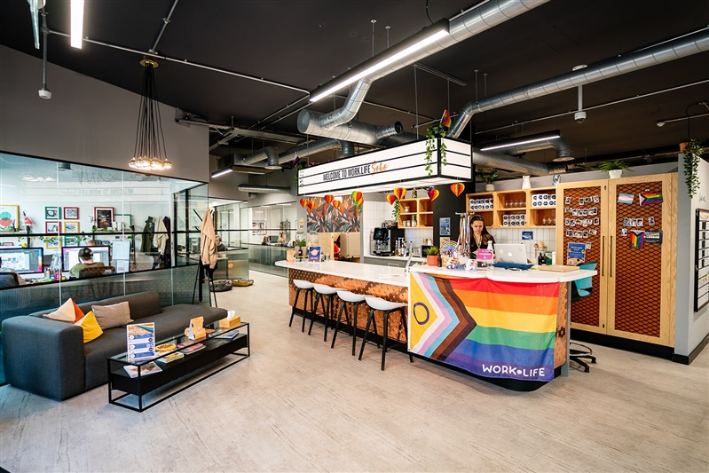 Modern office reception and kitchen area