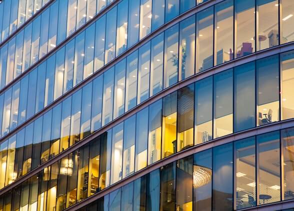 View of a large glass office building